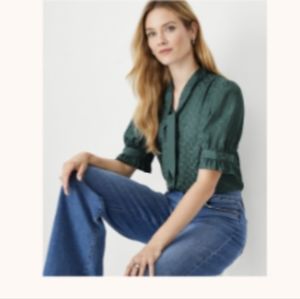 Ann Taylor Link Jacquard Puff Sleeve Tie Neck Button Top